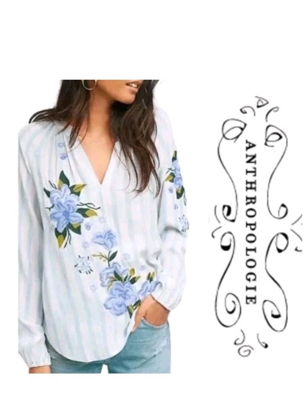 Anthropologie AKEMI + KIN Manuela Blue Striped Floral Embroidered Boho Blouse S